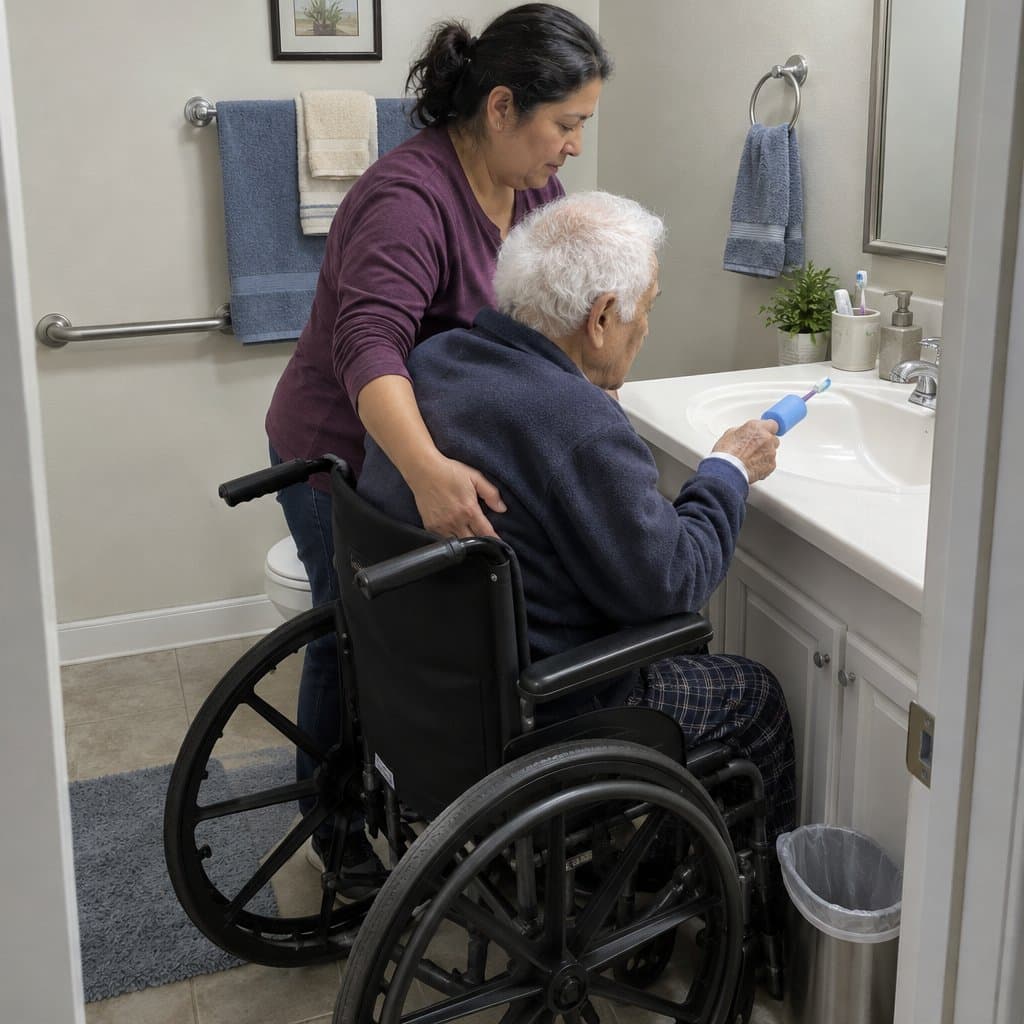 Woman helping her elderly father in a wheelchair brush his teeth with a foam-wrapped toothbrush