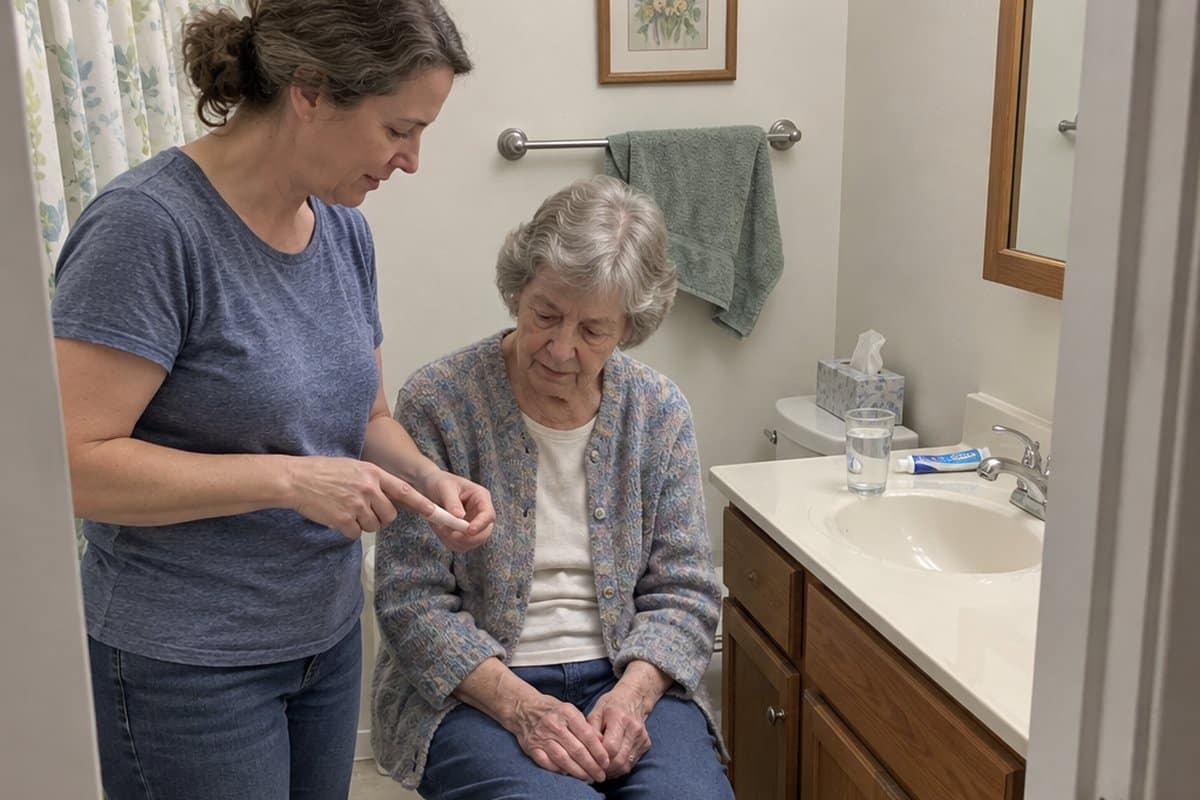 An older woman sits on a stool in a bathroom watching her daughter slip a small brush cap onto her finger.