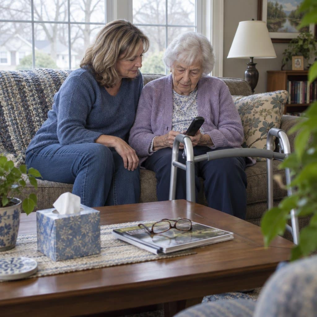 Daughter and elderly mother with a walker on a sofa looking at a cordless phone handset