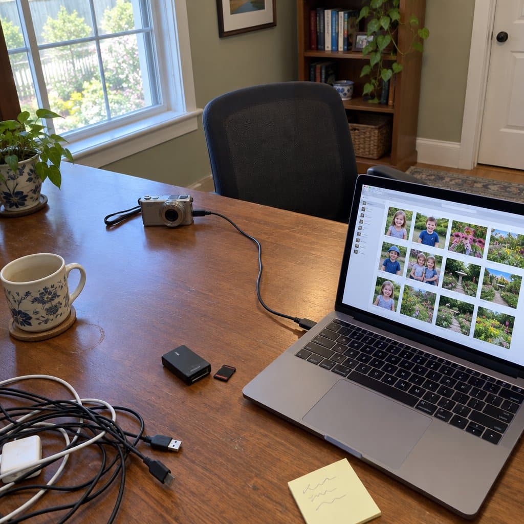 Desk with a camera connected by USB cord to a laptop showing photo thumbnails, with a memory card and reader beside it