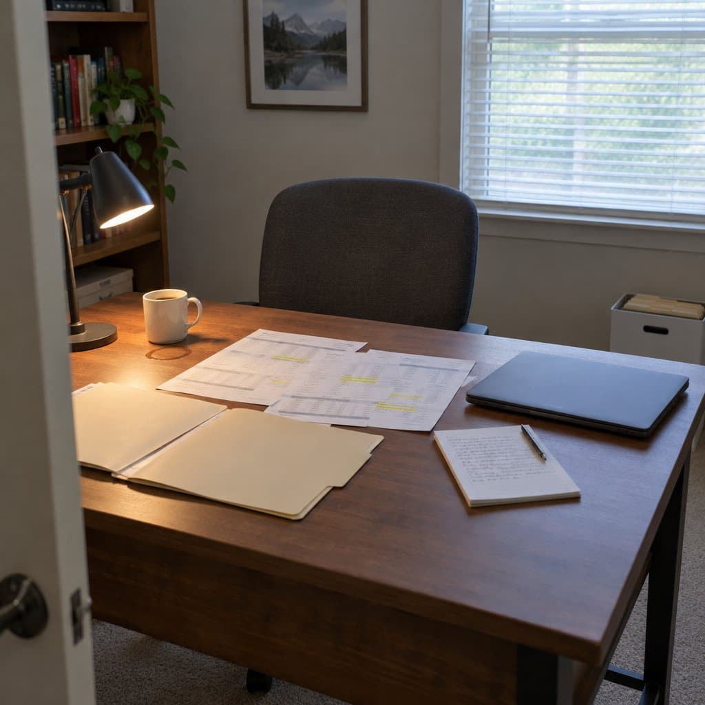 Desk with highlighted bank statements, a folder and a notepad in front of an empty chair