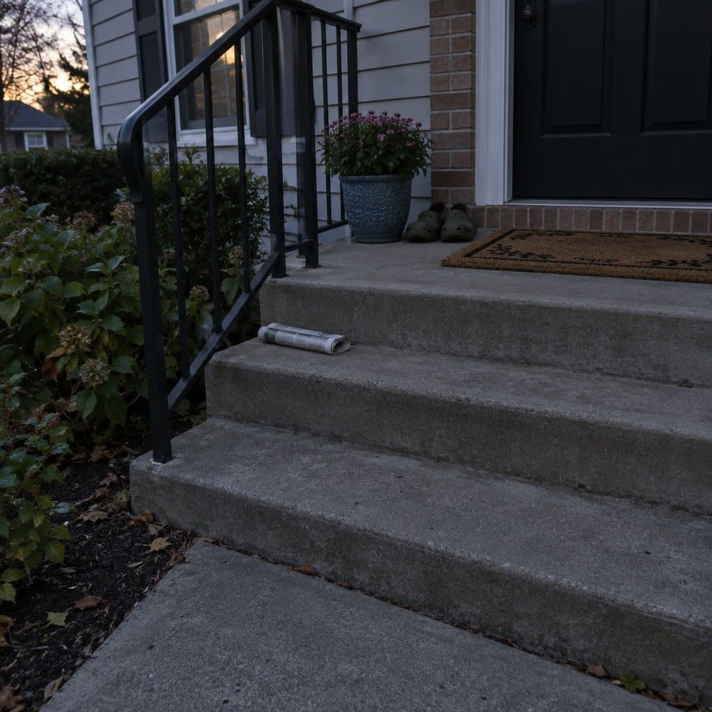 Front porch steps and doorway at dusk with no light on, a doormat reading Welcome.