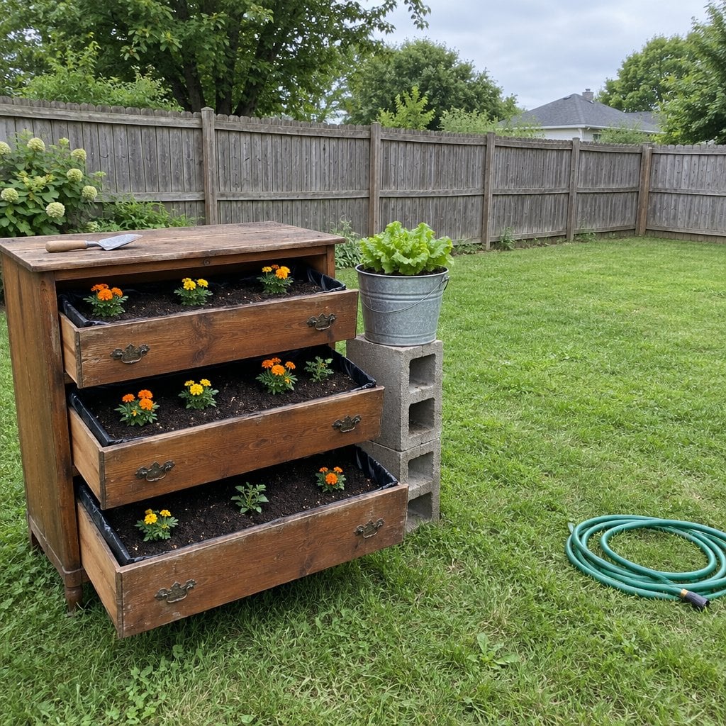 Homemade raised planters made from an old dresser and a bucket on concrete blocks in a backyard