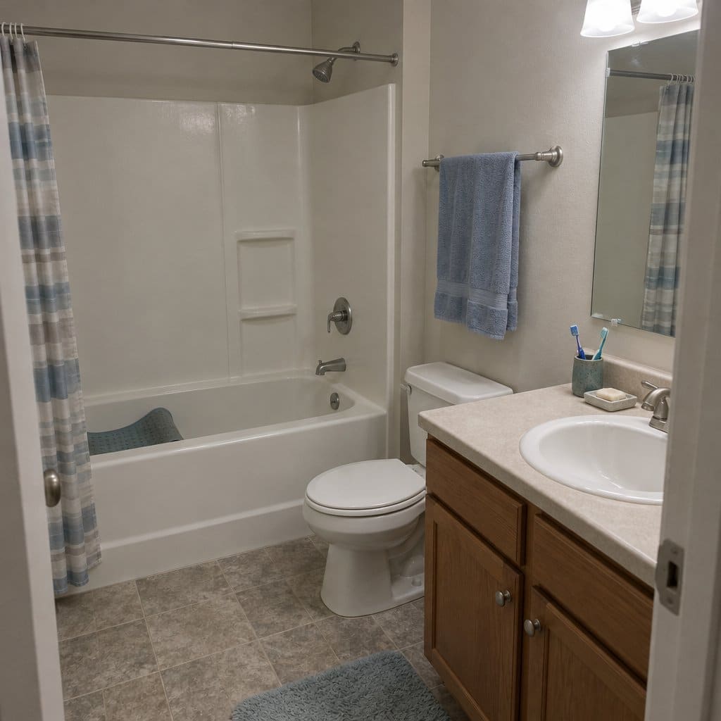 Empty bathroom with a dry bathtub, a curled bath mat on the tub floor and a dry towel on the bar
