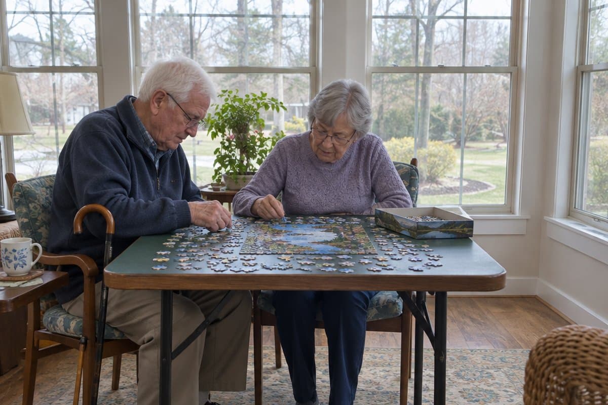 Older couple sitting at a card table working on a jigsaw puzzle in a sunroom