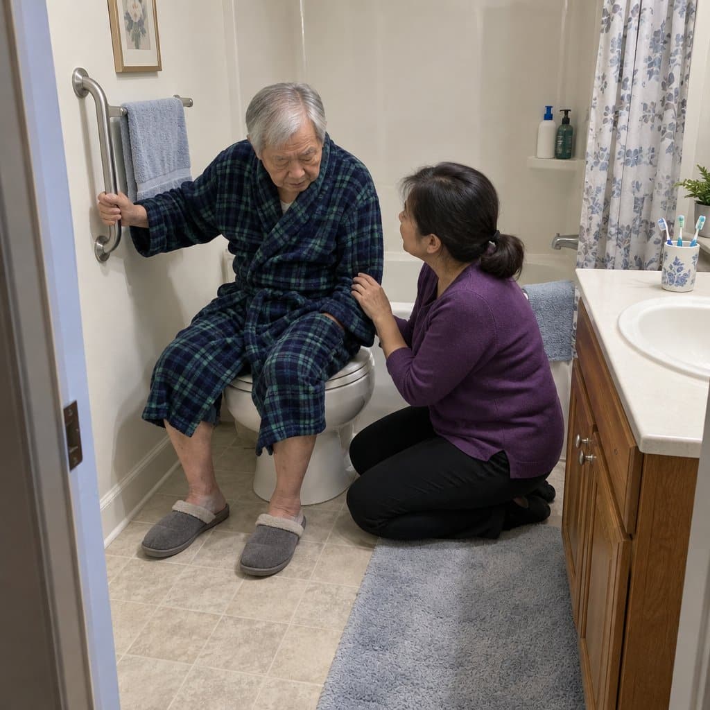 Older man seated in a bathroom holding a grab bar while his daughter kneels beside him