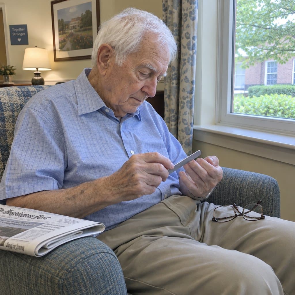An older man with white hair sits in a chair by a window, head tilted down as he files his own fingernails, with a folded newspaper on the armrest and reading glasses on his knee