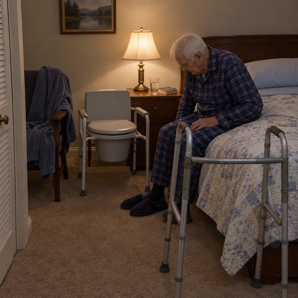Elderly man in pajamas sitting on bed beside a bedside commode with a walker in front of him