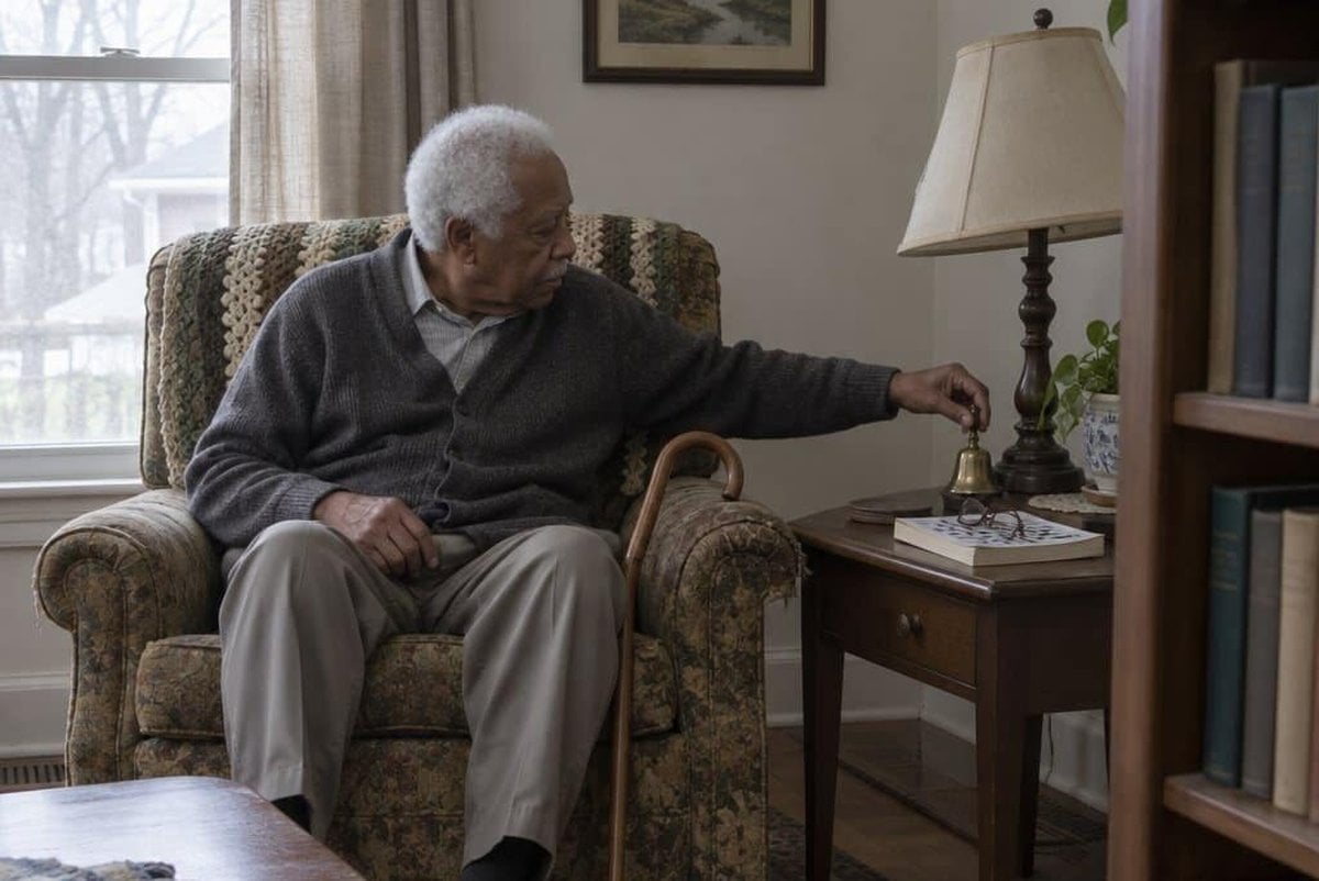 Elderly man reaching for hand bell beside armchair[1]