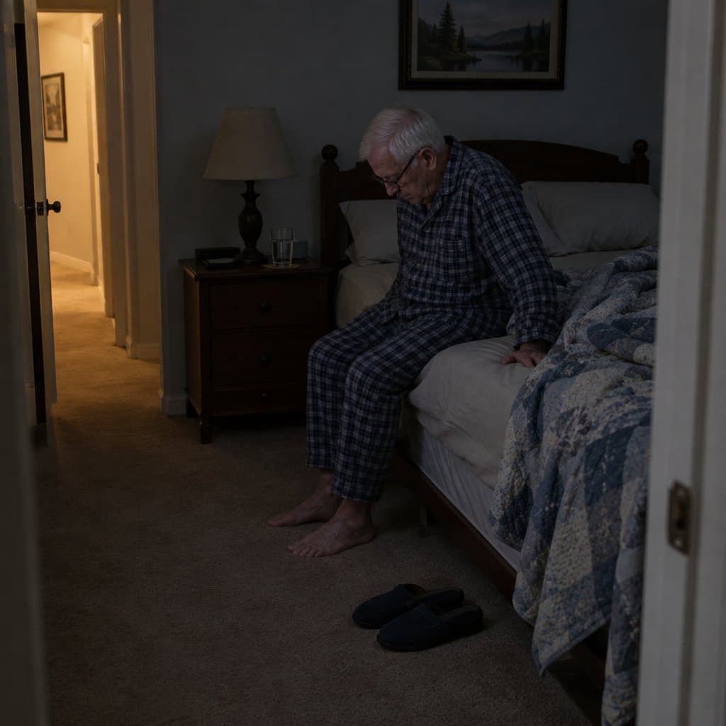 Elderly man in pajamas sitting on the edge of his bed at night, reaching his feet toward the floor