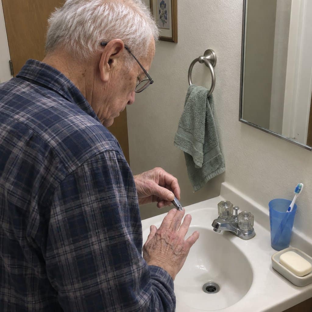 An older man stands at a bathroom sink looking down at his fingers as he struggles to operate a standard nail clipper, with a bar of soap and a toothbrush cup visible on the sink edge