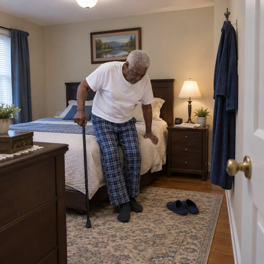 An older man with a cane pushing himself up from the edge of a bed.