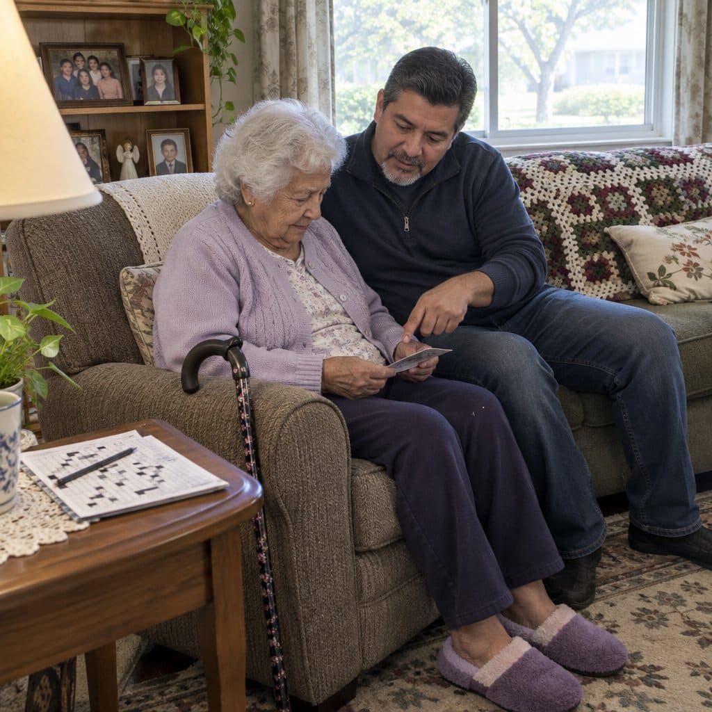 Older woman with a cane in an armchair looks at a small card while her son sits beside her in a living room