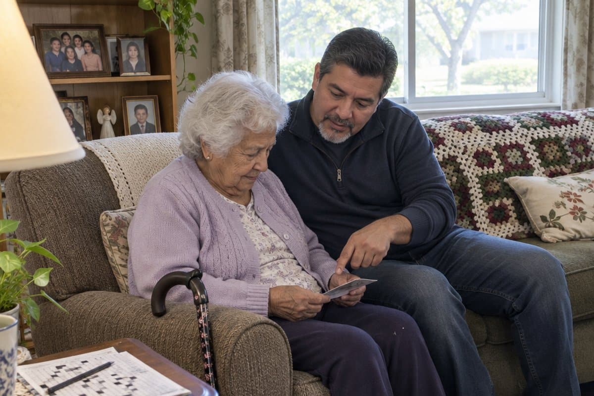 Older woman with a cane in an armchair looks at a small card while her son sits beside her in a living room