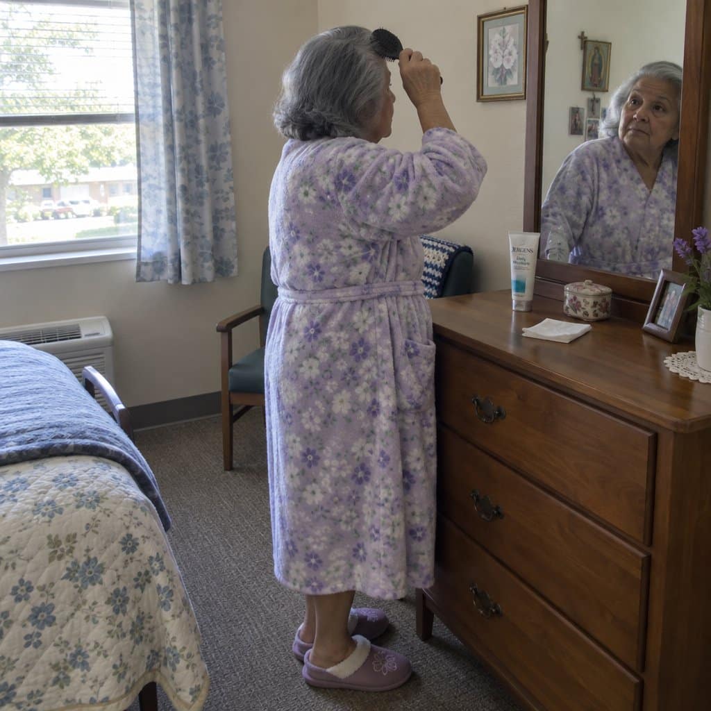 An older woman in a housecoat and slippers stands at a small dresser mirror brushing her grey hair, visible in partial profile with morning light coming through a curtain behind her