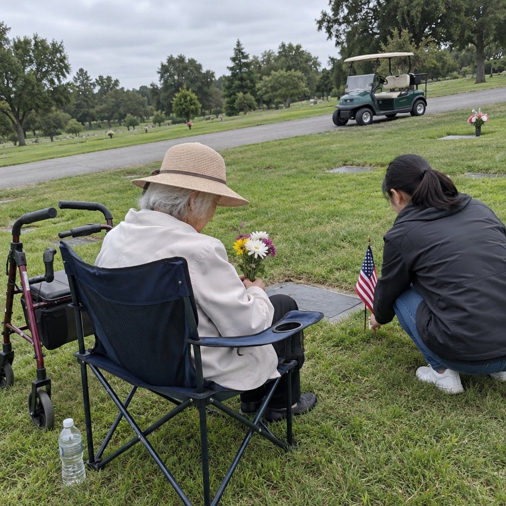 Older woman in a folding chair beside a grave with a walker nearby while a younger woman places a flag