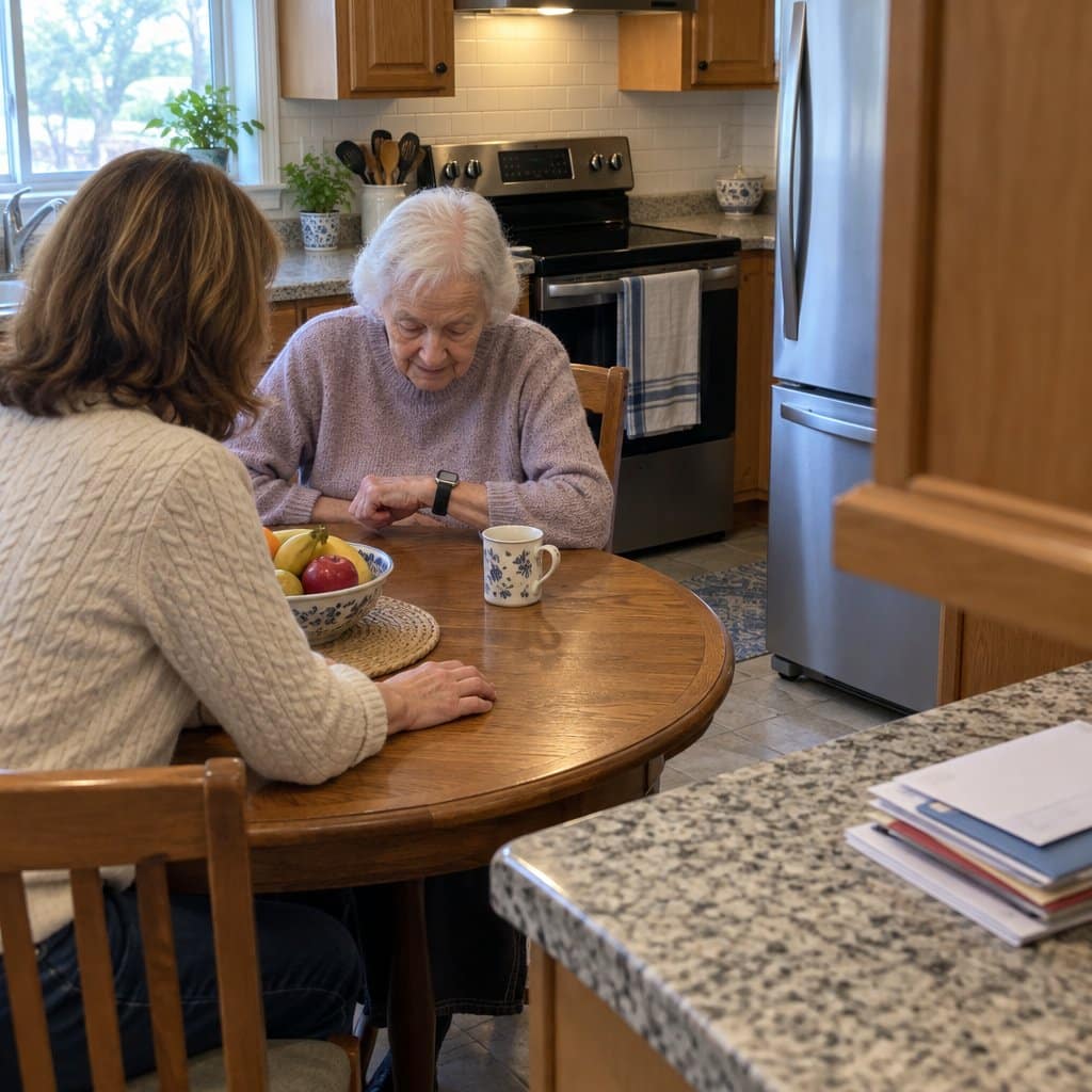 Older woman at a kitchen table looking at a digital watch with her daughter beside her