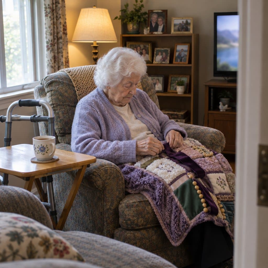 Elderly woman seated in an armchair touching a ribbon on a fidget blanket in her lap, with a walker beside her.
