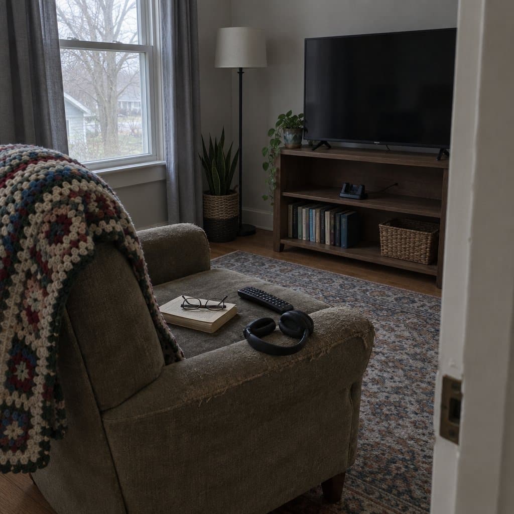 Empty armchair facing a TV with headphones on the armrest and an empty charging dock nearby