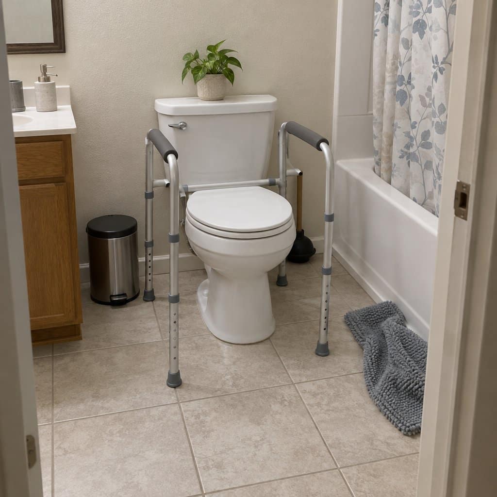 Empty bathroom with a freestanding safety frame standing around the toilet on tile floor
