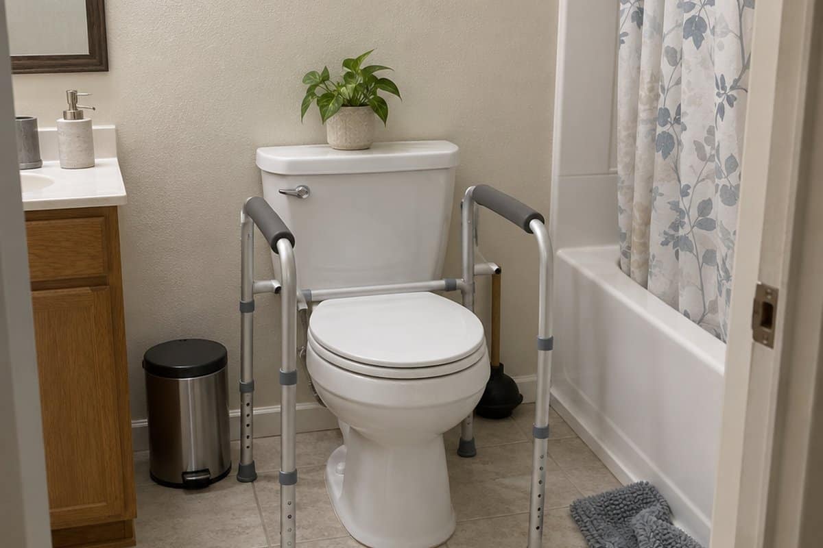 Empty bathroom with a freestanding safety frame standing around the toilet on tile floor