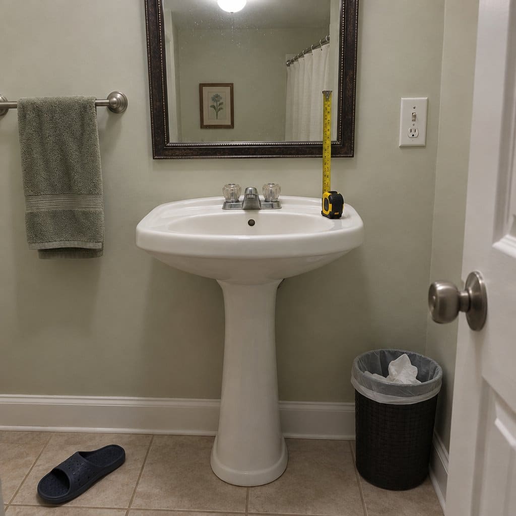 Bathroom pedestal sink with two knob handles and a tape measure resting on the basin edge