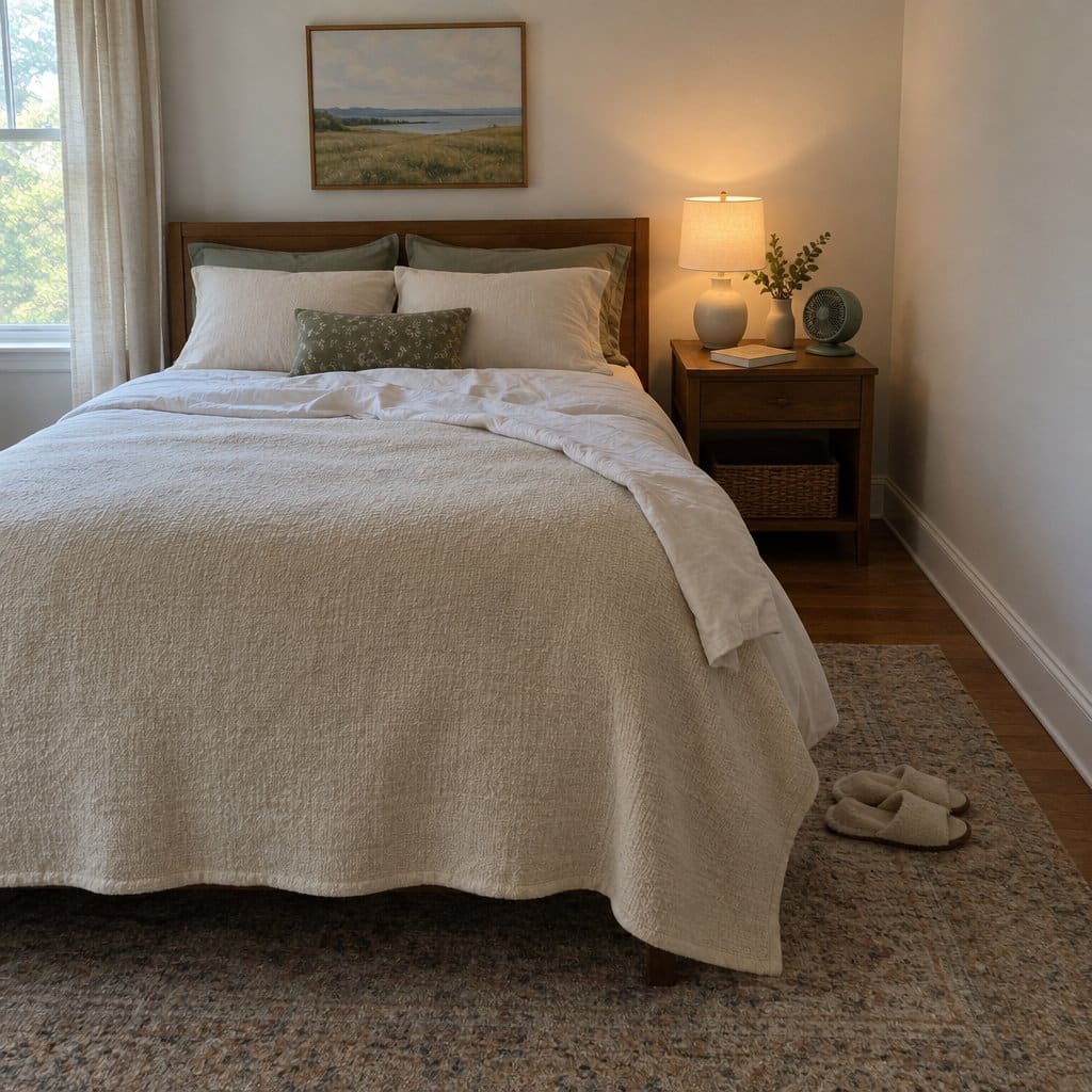 Unoccupied bed with a cream cotton blanket layered over a duvet and a corner turned back