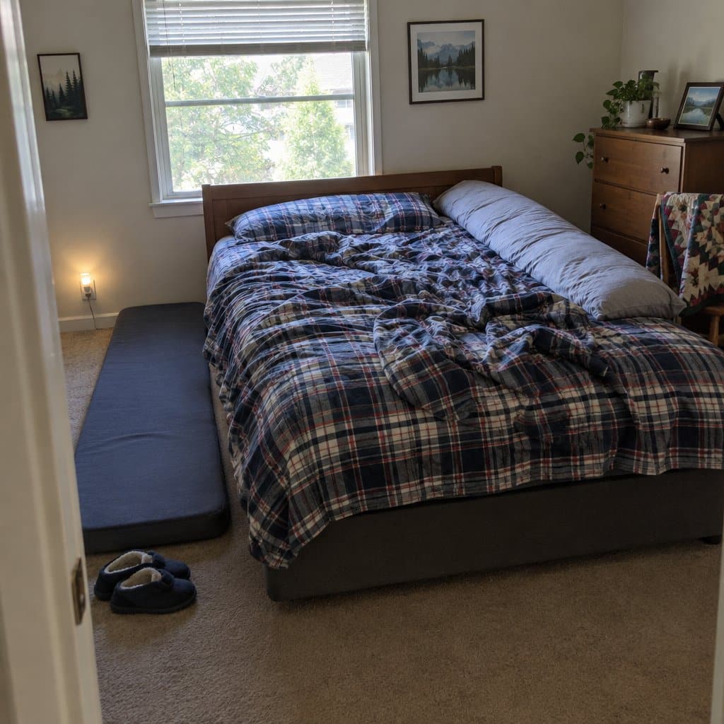 Empty bedroom with a foam mat on the floor beside the bed and a body pillow along the mattress edge