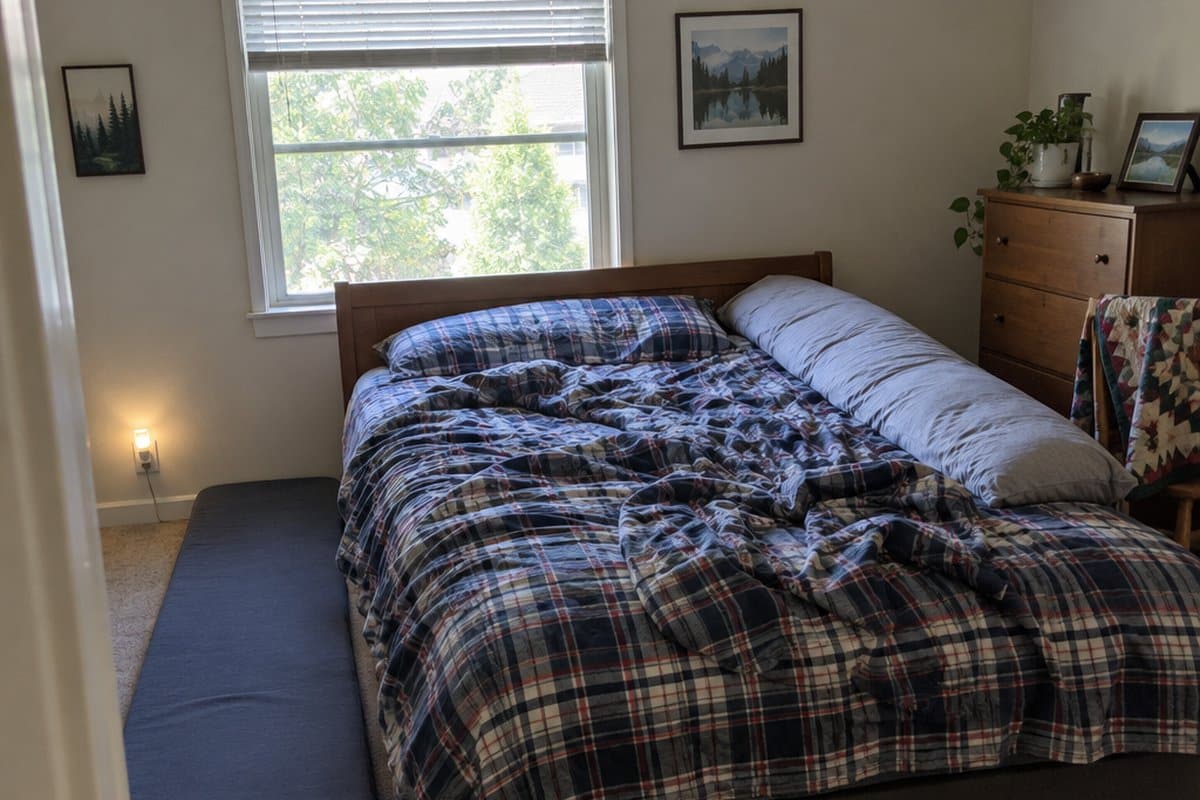 Empty bedroom with a foam mat on the floor beside the bed and a body pillow along the mattress edge