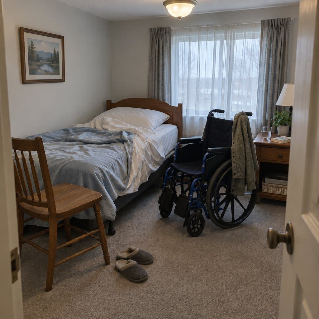 Bedroom with unmade bed and wheelchair parked beside it, no people