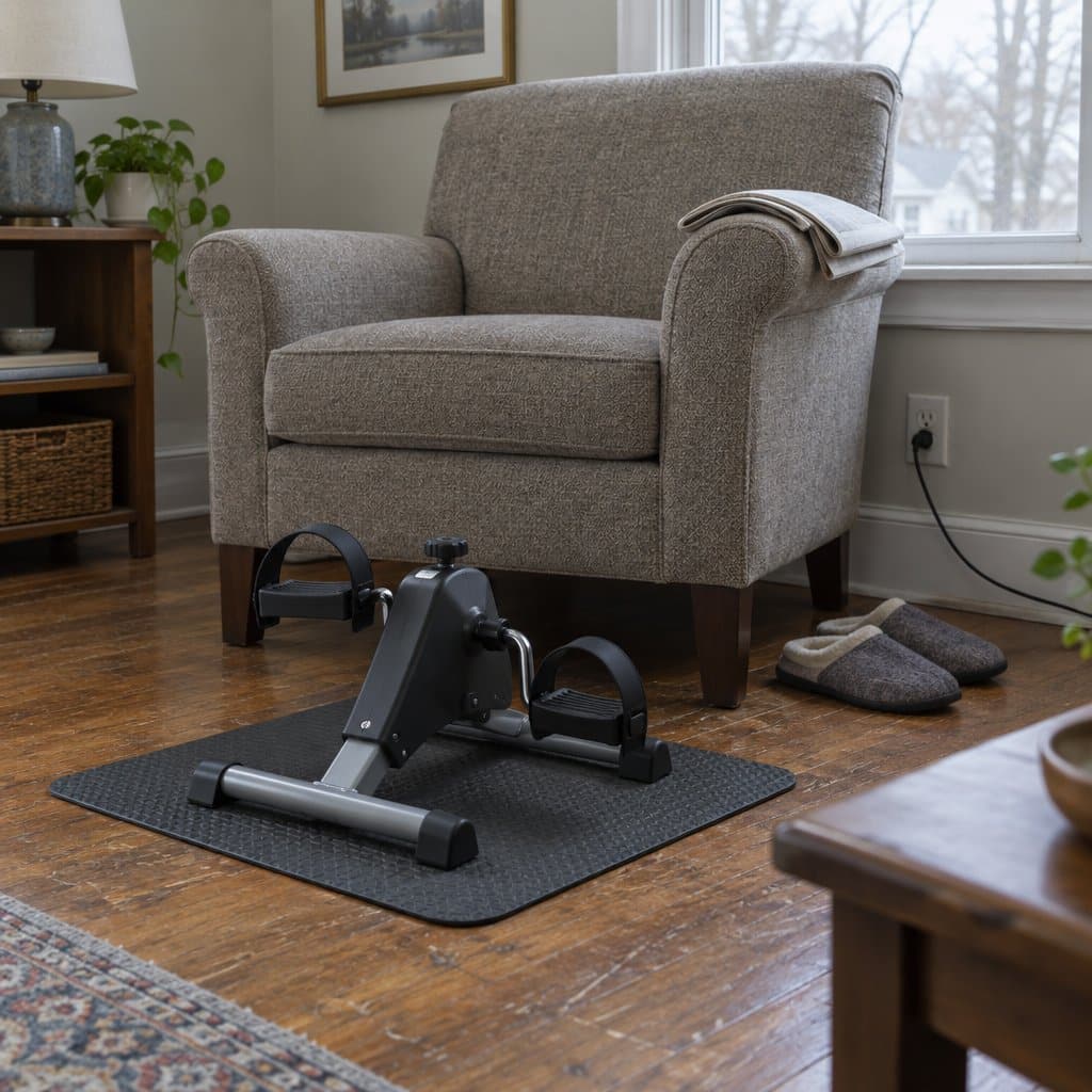 Pedal exerciser on a non-skid mat in front of an empty armchair in a living room