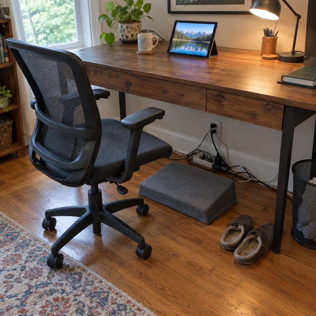 Foam footrest under a home desk beside an empty office chair and a pair of slippers on a hardwood floor