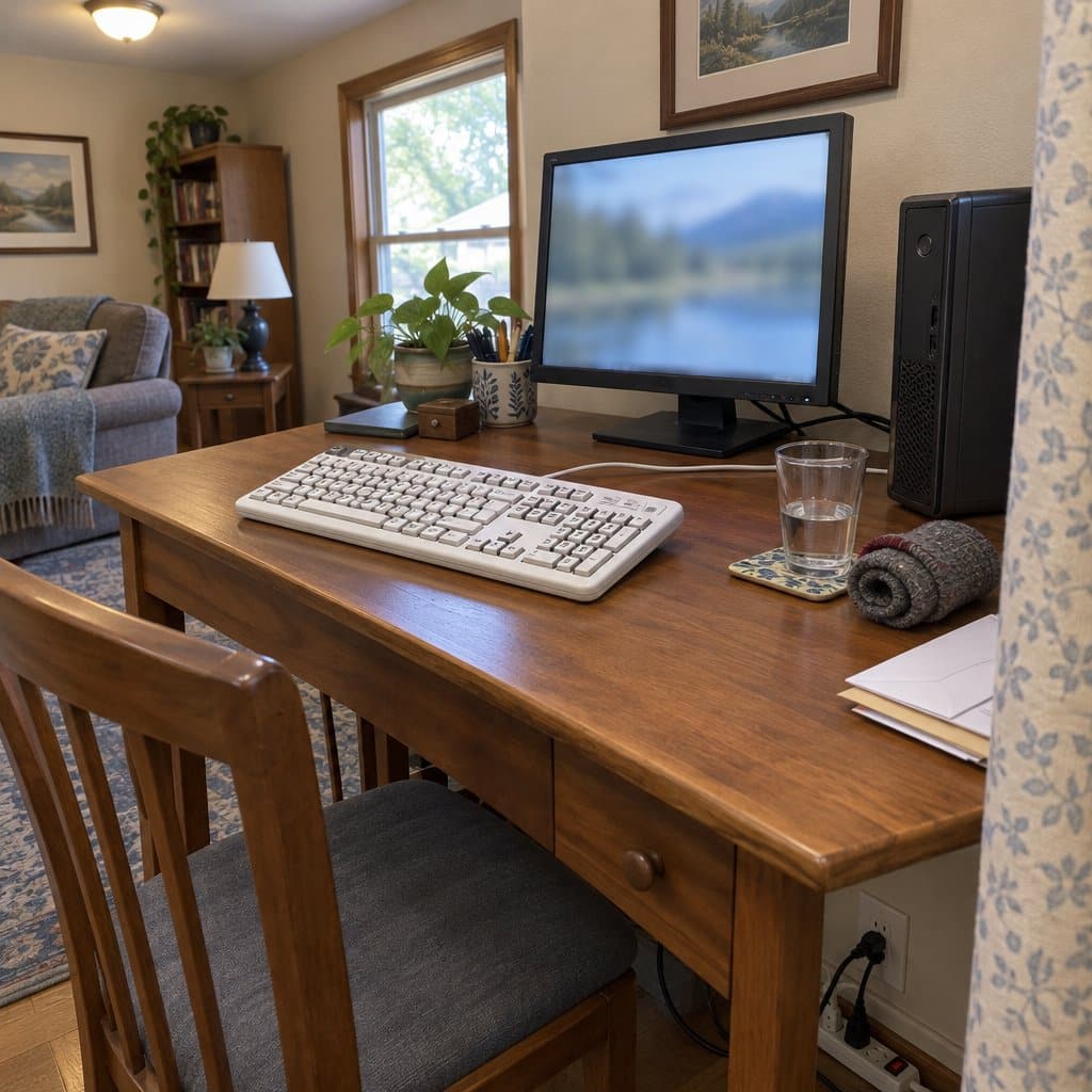 Large print keyboard with a cord on a cluttered desk beside an empty chair