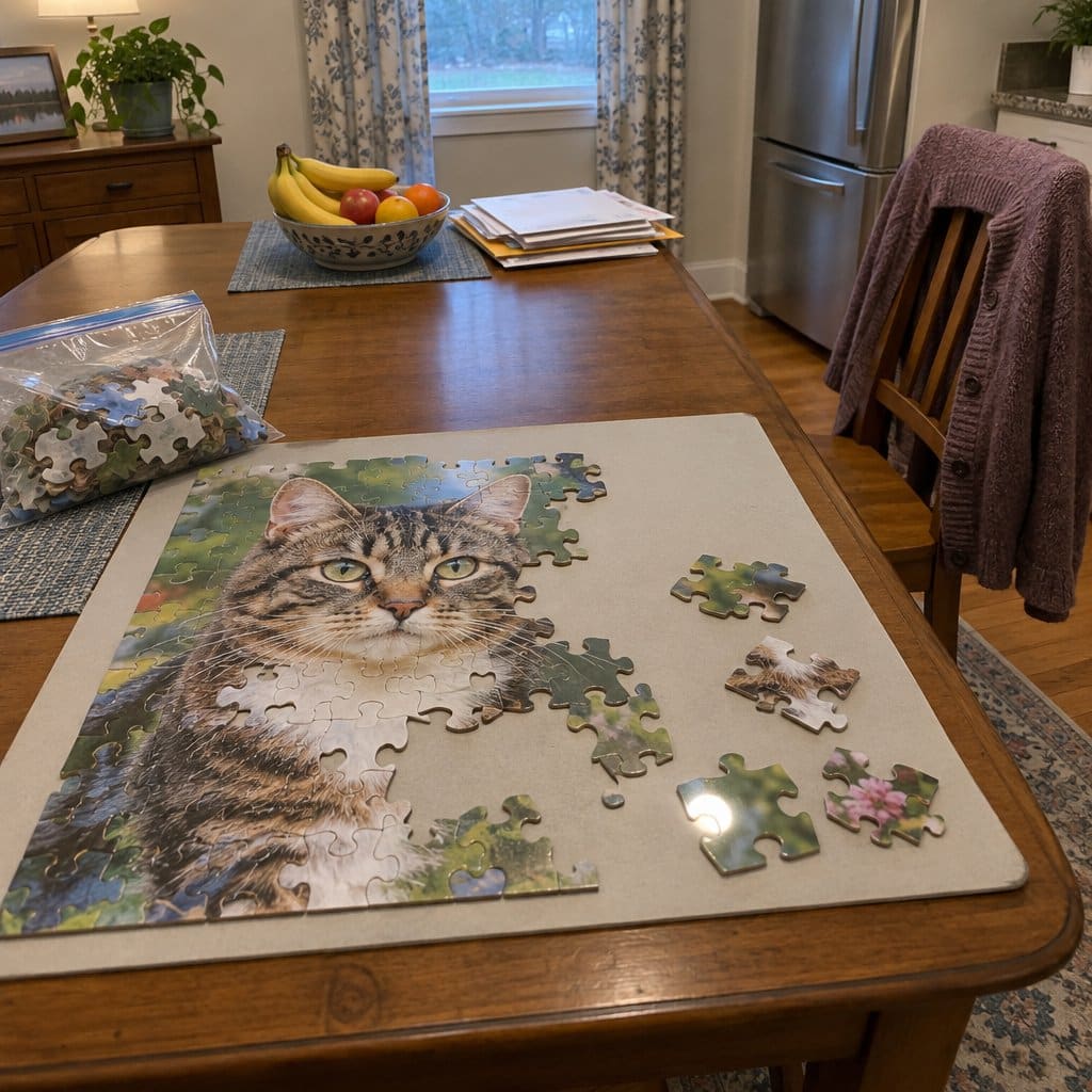 Half-finished large piece puzzle on a dining table with a bag of loose pieces and no one present