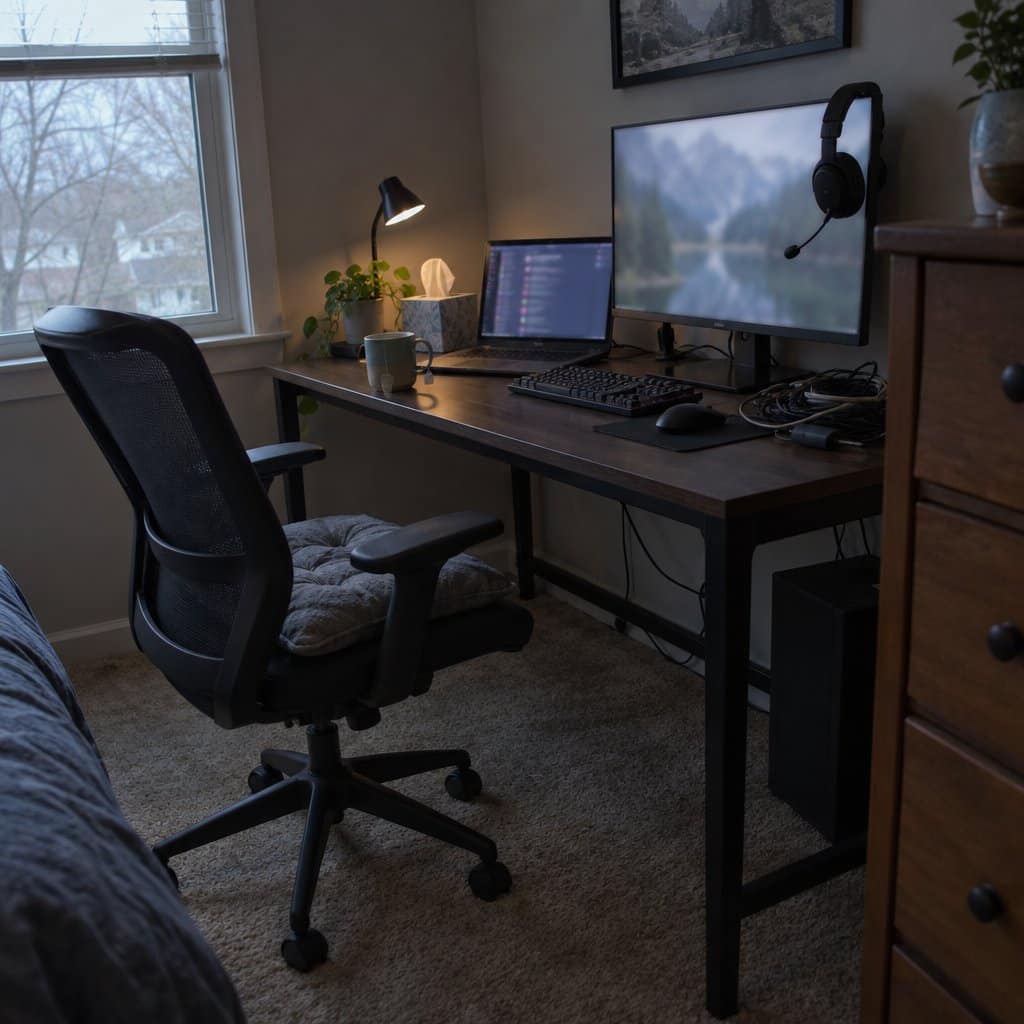 Empty gaming desk with a headset and boom microphone hanging off the monitor