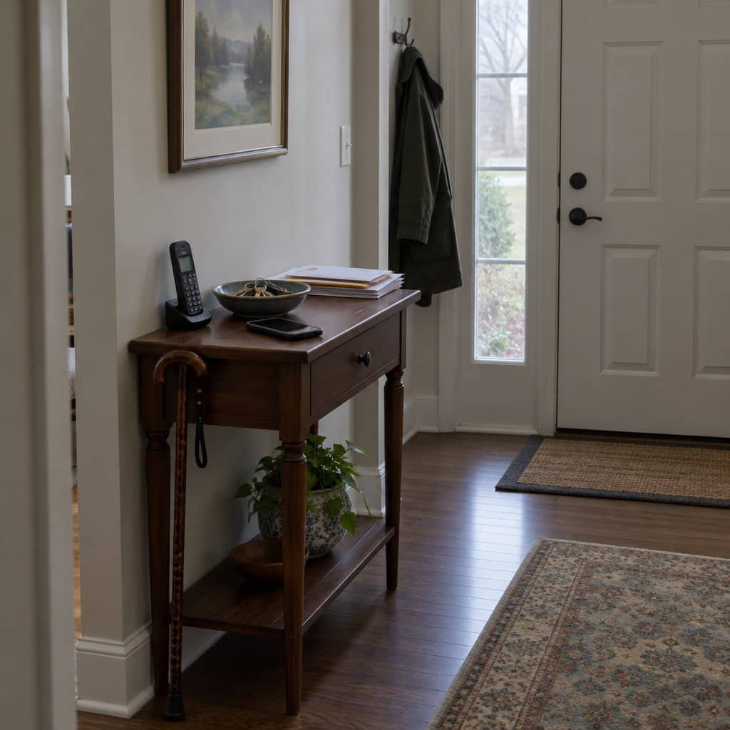 Hallway table with a phone, keys, mail and a cane hanging from the edge