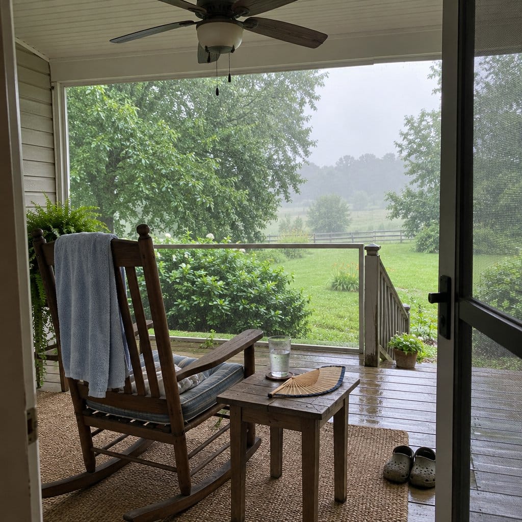 Empty back porch with rocking chair, glass of water and fan on a humid day