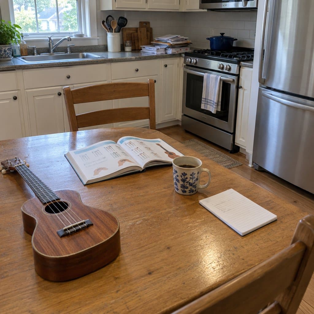 Kitchen table with a ukulele, songbook, mug and scribbled notepad, no one present