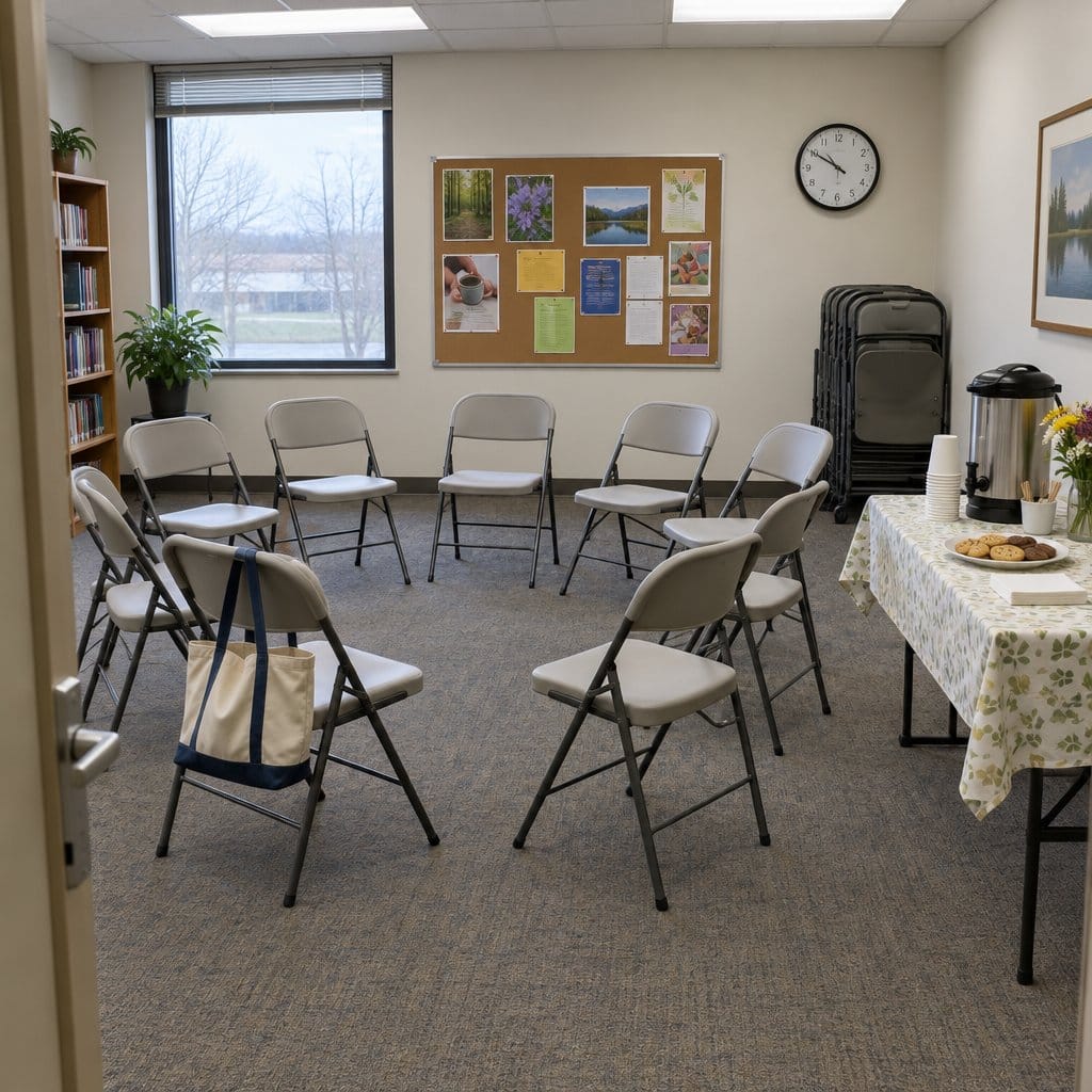 Empty library meeting room with folding chairs in a circle and a refreshment table