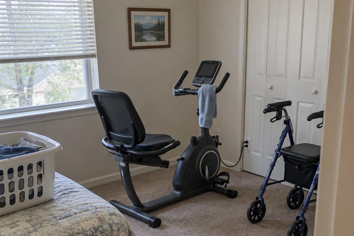 Recumbent exercise bike with a towel on the handlebar and a walker beside it in an empty spare bedroom