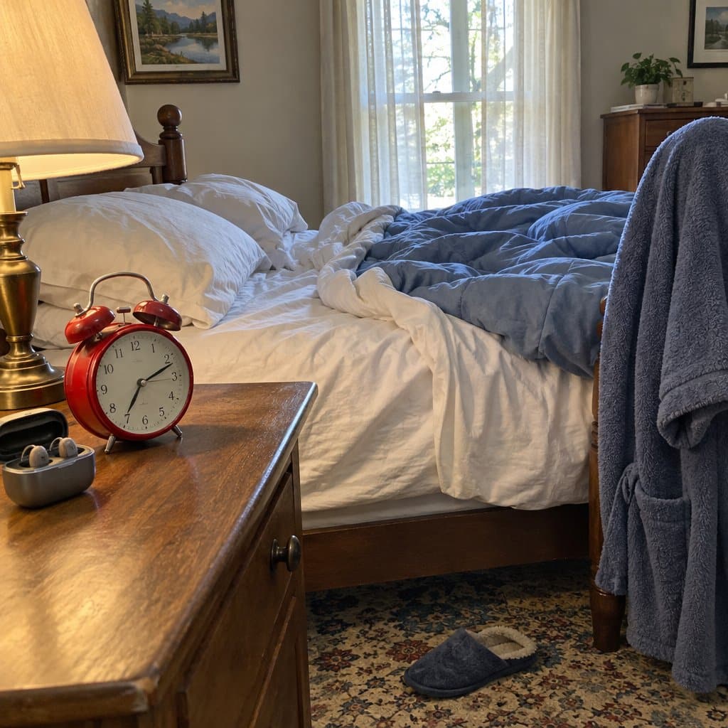 Rumpled empty bed with an old twin-bell alarm clock on the nightstand in morning light
