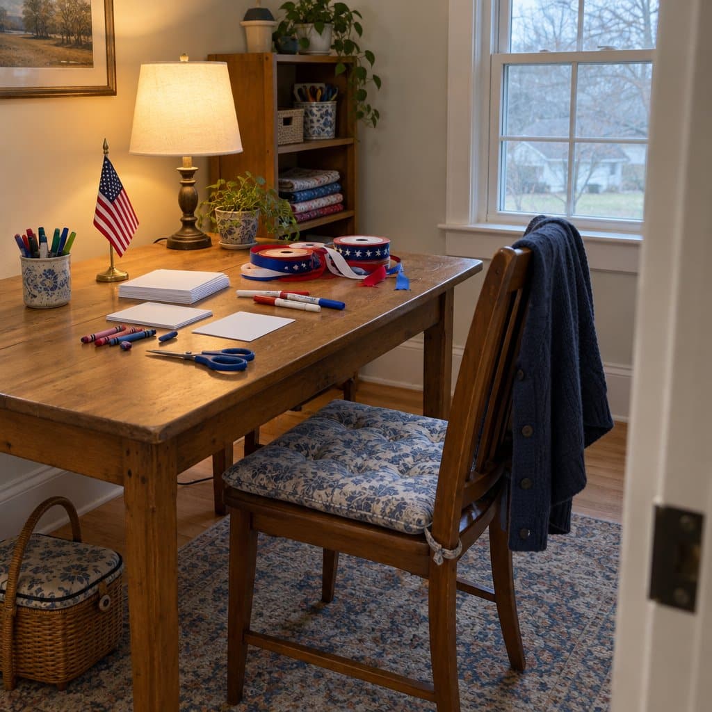 Empty chair at a table with blank cards, ribbon, markers and a small flag set up as a craft station
