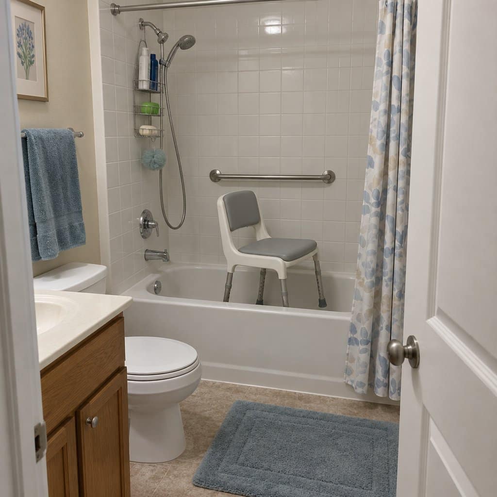 Empty shower chair inside a tub-shower with a handheld showerhead and wall grab bar.