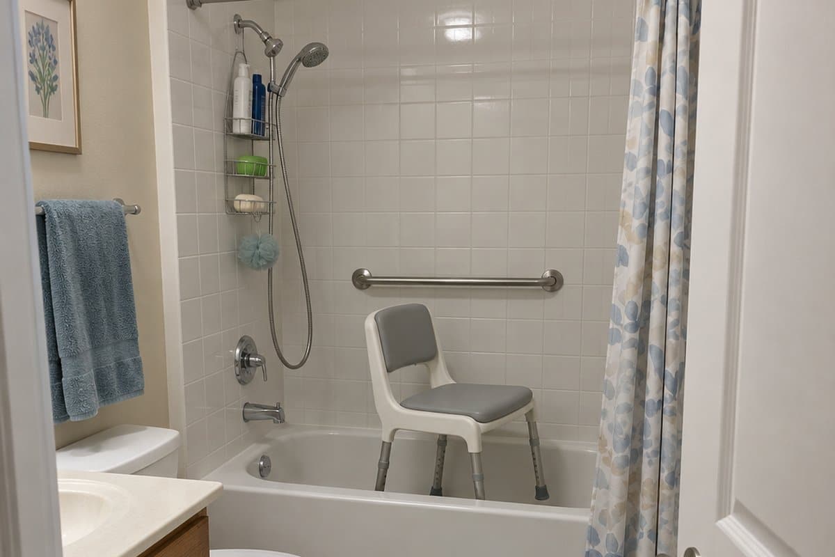 Empty shower chair inside a tub-shower with a handheld showerhead and wall grab bar.
