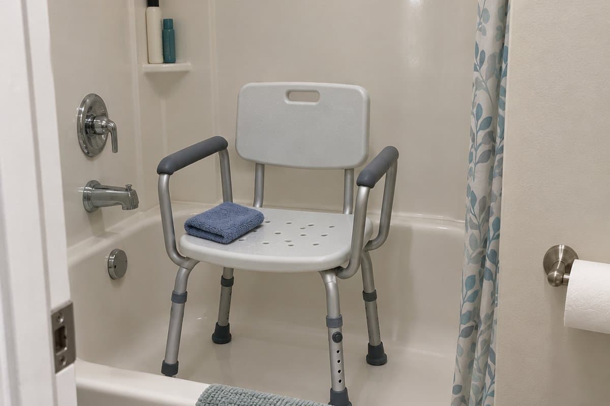 Empty shower chair with backrest and armrests standing in a bathtub