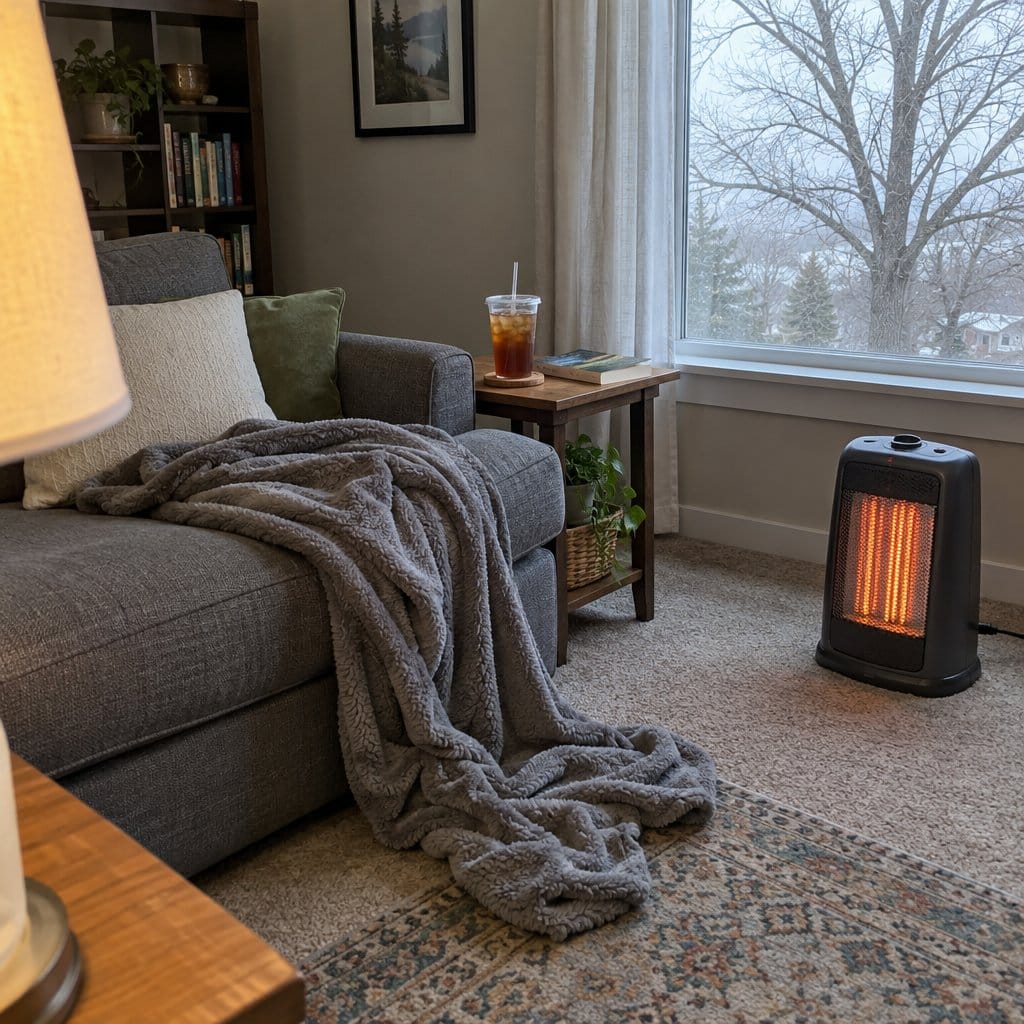Empty sofa with a rumpled fleece throw and a cup of tea on a side table in a chilly living room