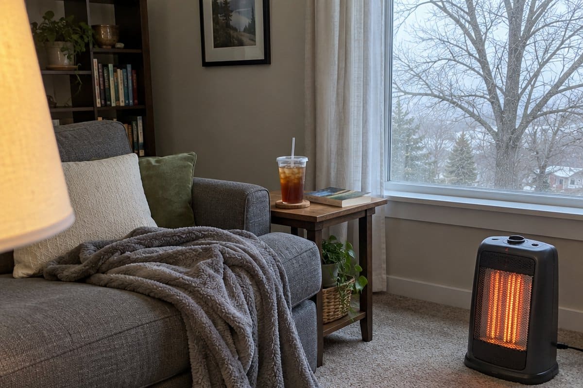 Empty sofa with a rumpled fleece throw and a cup of tea on a side table in a chilly living room