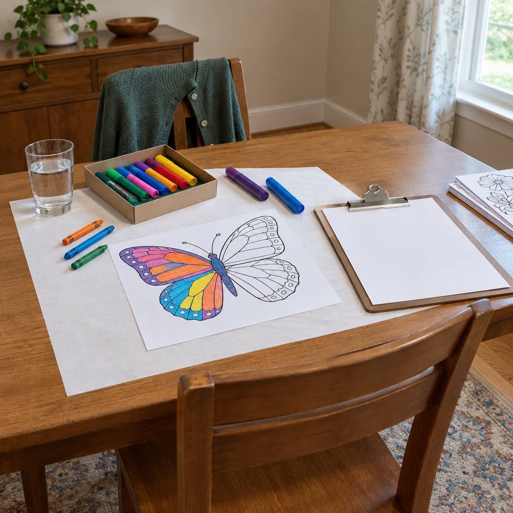 Table set up with a partly colored butterfly page, chunky crayons and markers, and an empty chair