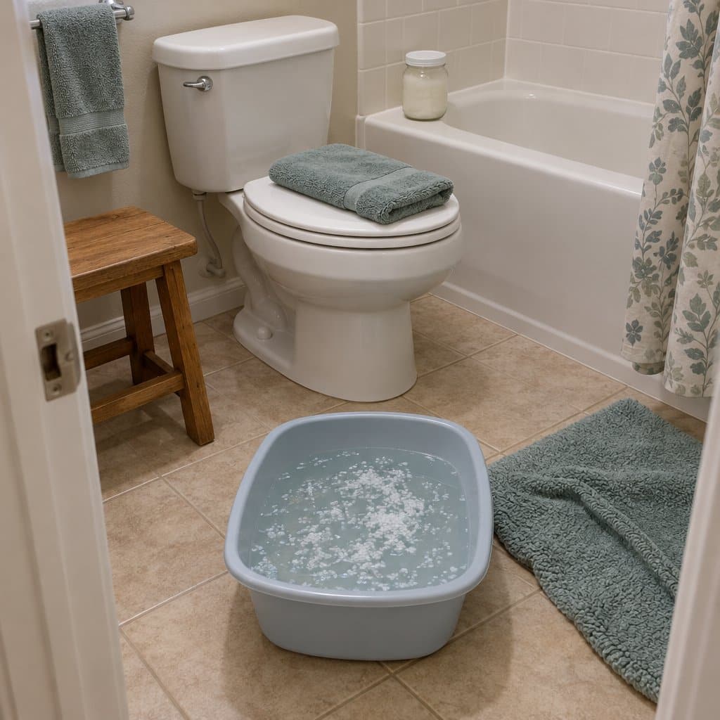 Basin of water with Epsom salt on a bathroom floor beside a towel