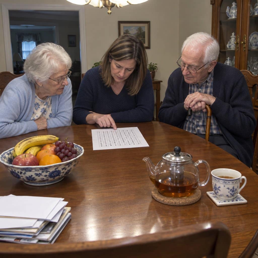 An older couple and their adult daughter talking at a dining table with papers and a pot of tea.